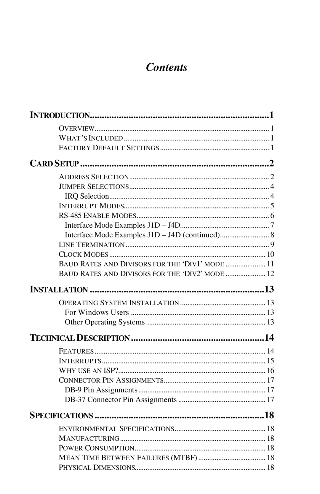 Omega Engineering RS-422/485 manual Contents 