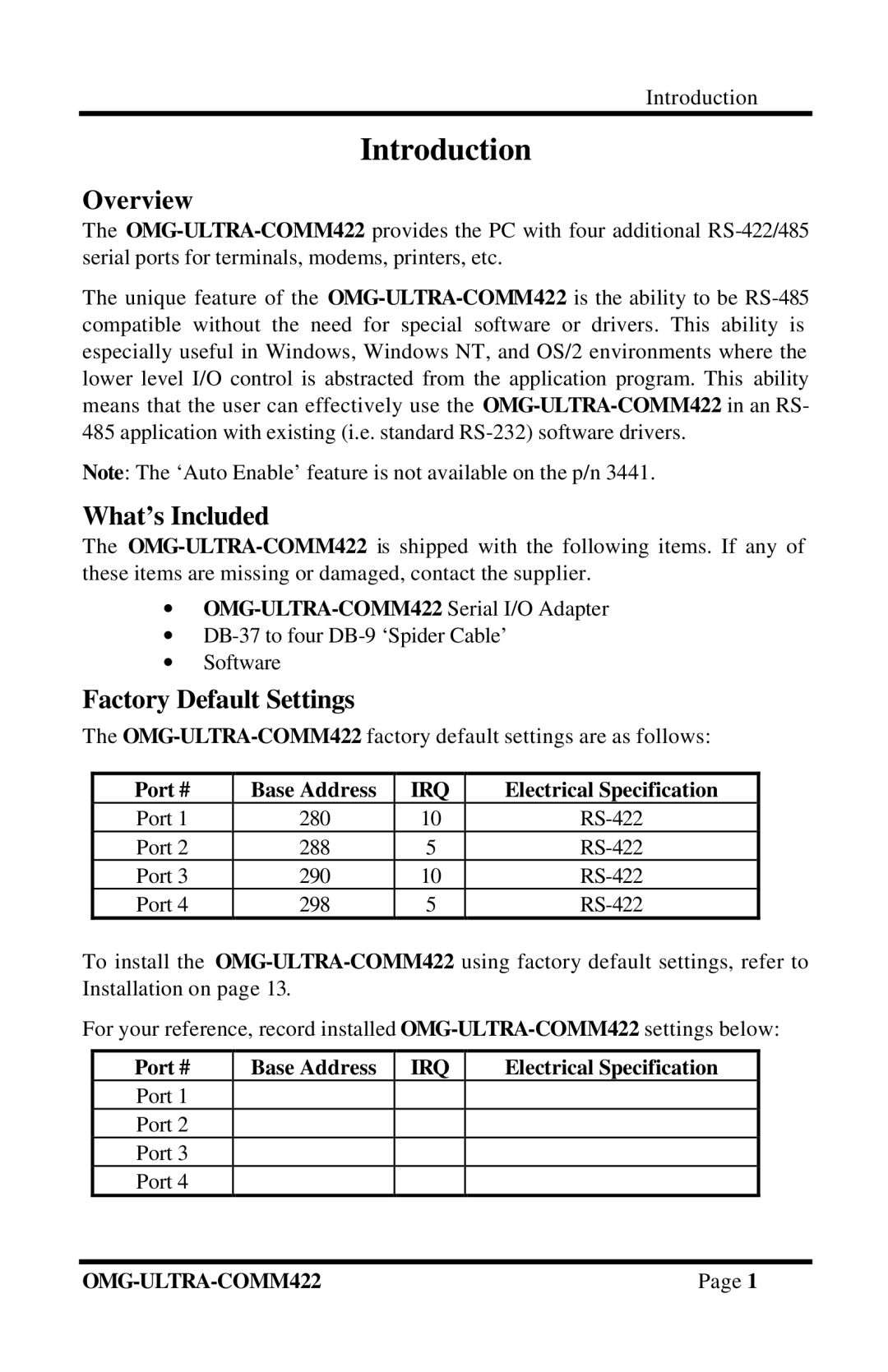 Omega Engineering RS-422/485 manual Introduction, Overview, What’s Included, Factory Default Settings 