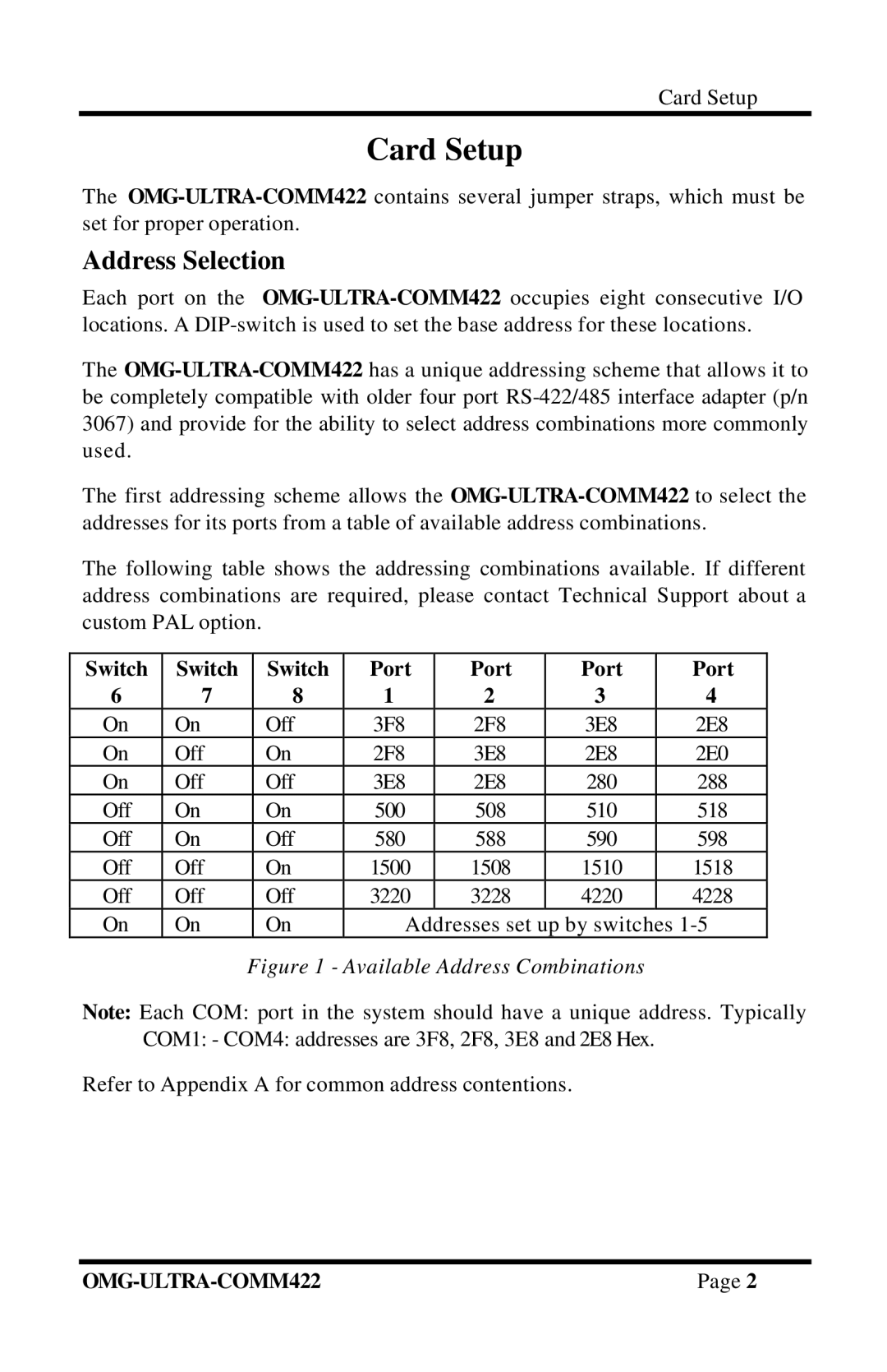 Omega Engineering RS-422/485 manual Card Setup, Address Selection, Switch Port 