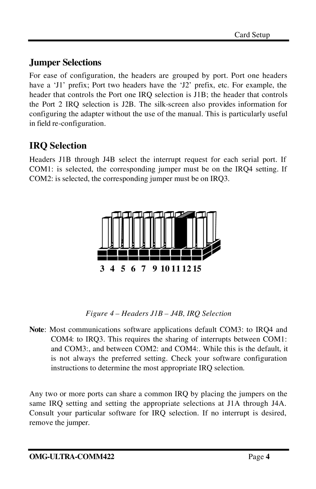 Omega Engineering RS-422/485 manual Jumper Selections, IRQ Selection 