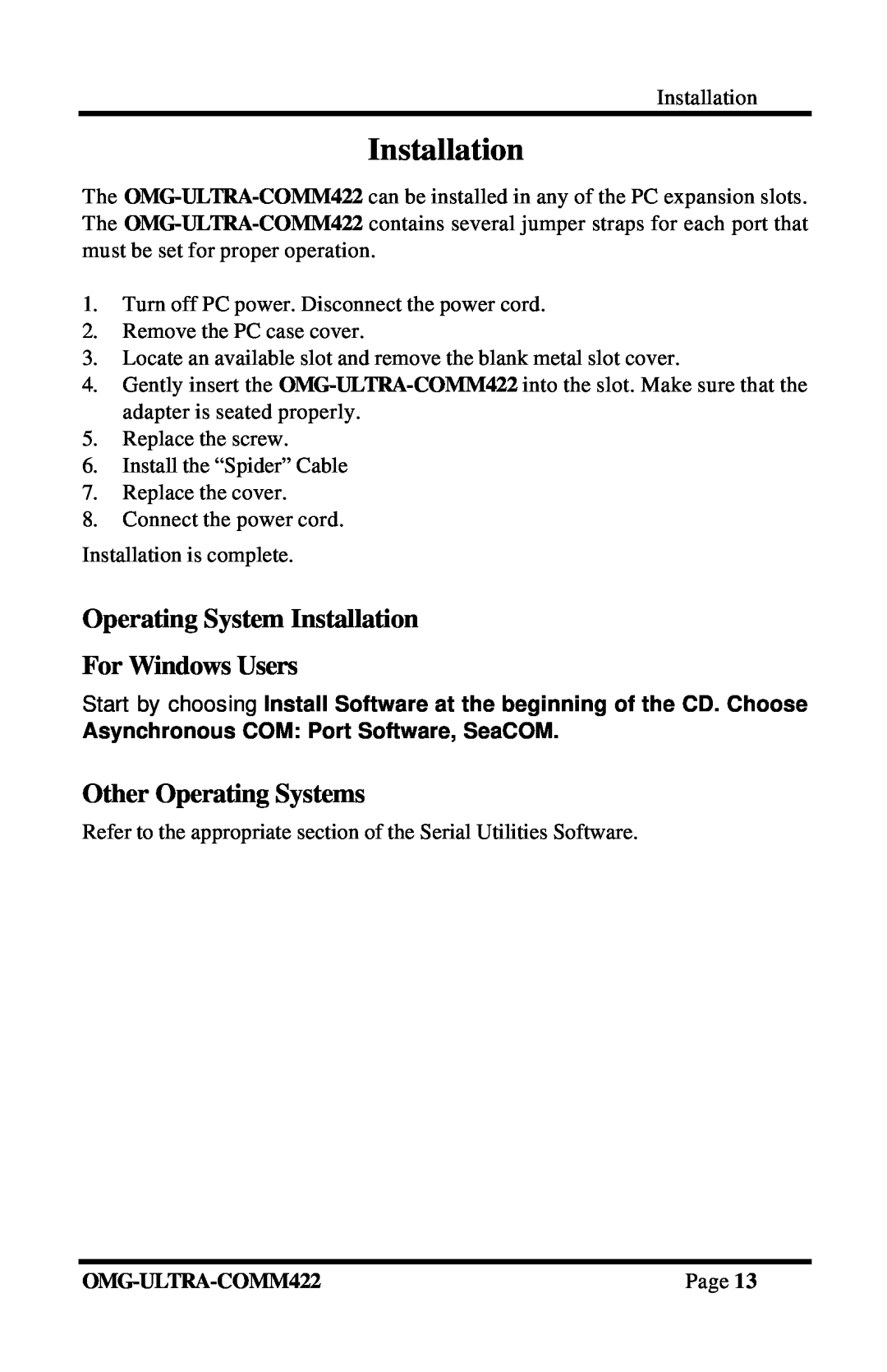 Omega Engineering RS-422/485 manual Operating System Installation For Windows Users, Other Operating Systems, Page 