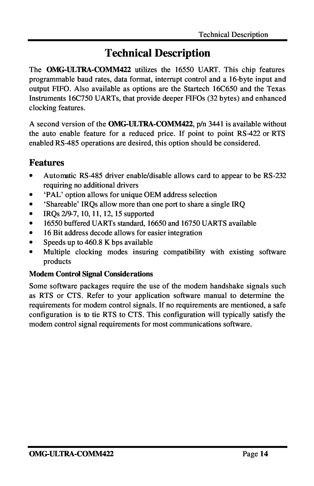 Omega Engineering RS-422/485 Technical Description, Features, Modem Control Signal Considerations, OMG-ULTRA-COMM422, Page 