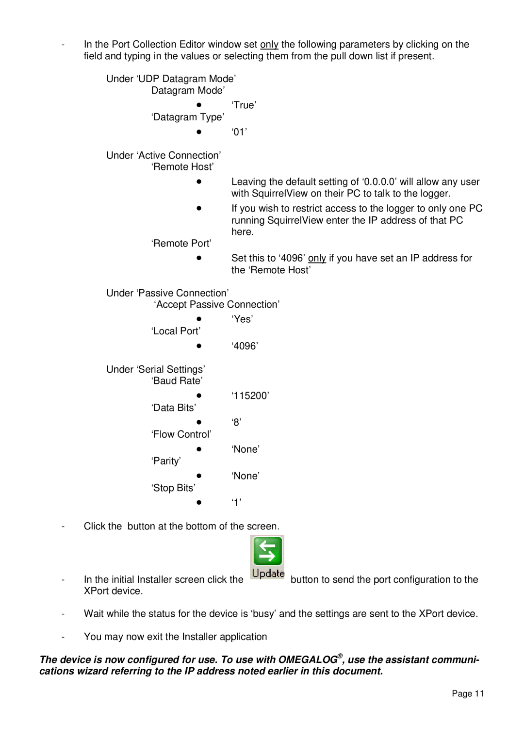 Omega Engineering RS232 manual Button to send the port configuration to 