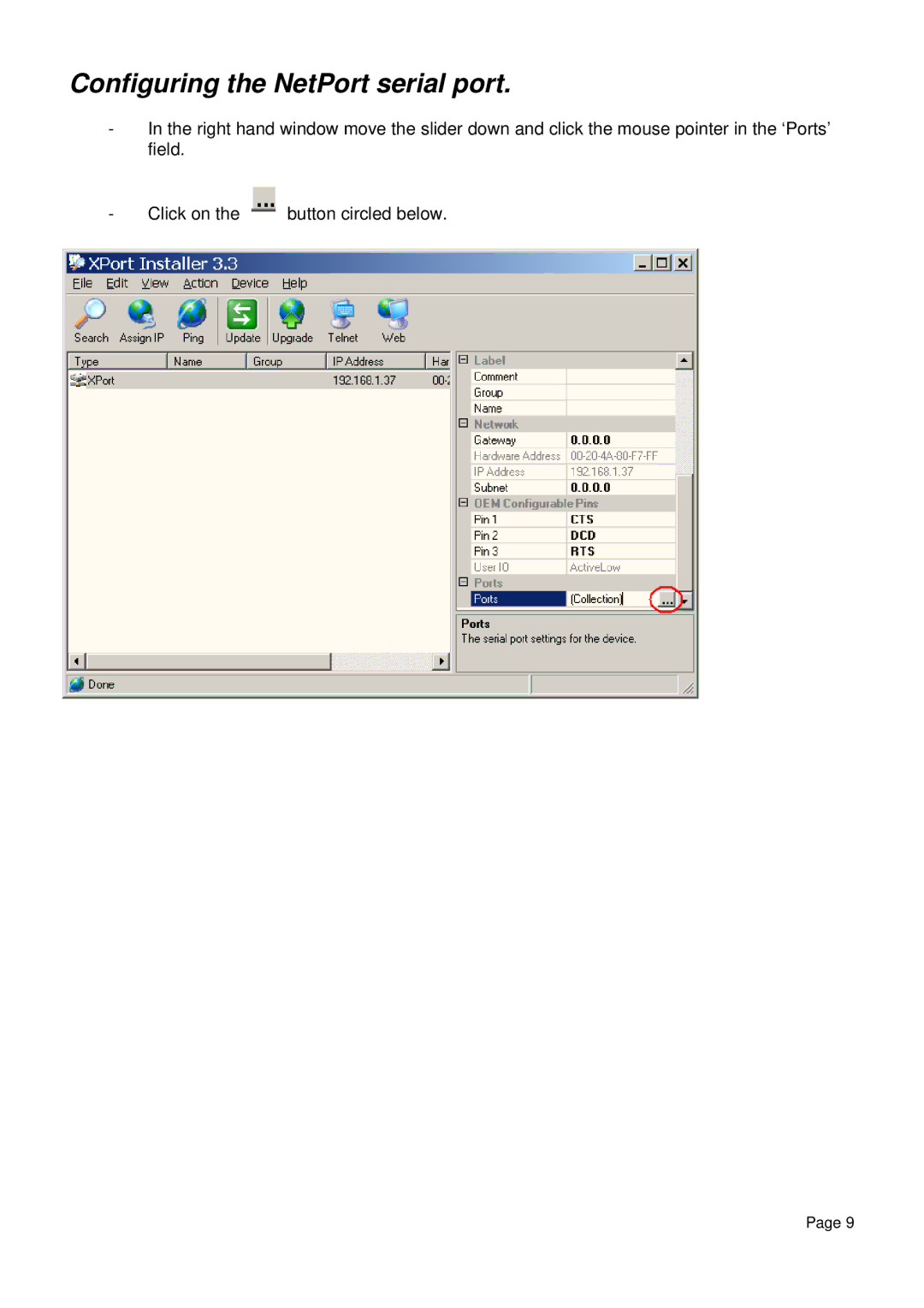 Omega Engineering RS232 manual Configuring the NetPort serial port 