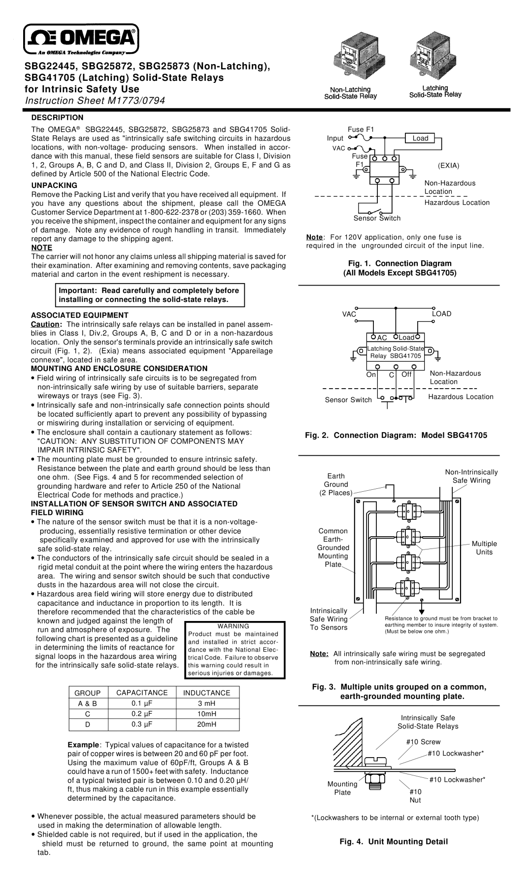 Omega Engineering SBG41705, SBG25873, SBG22445, SBG25872 instruction sheet Description, Unpacking 