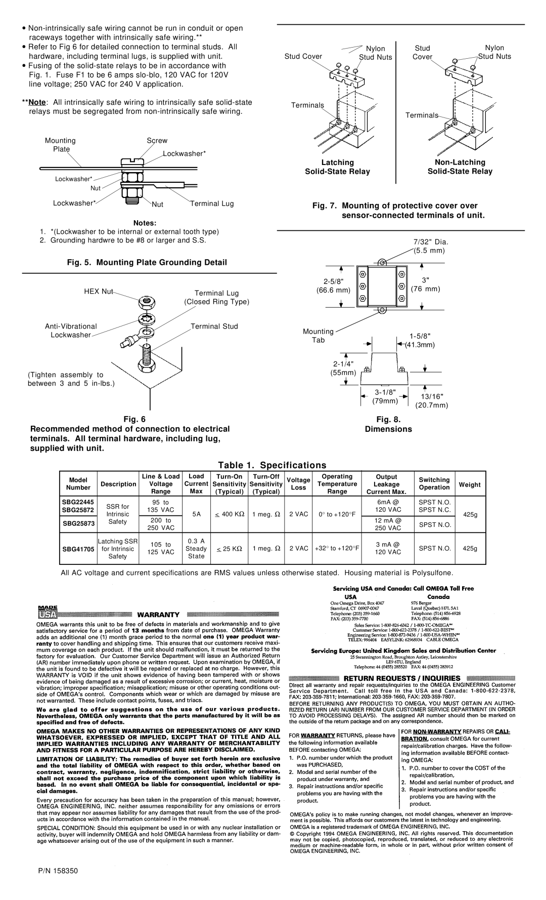 Omega Engineering SBG22445, SBG25873, SBG41705, SBG25872 instruction sheet Specifications 