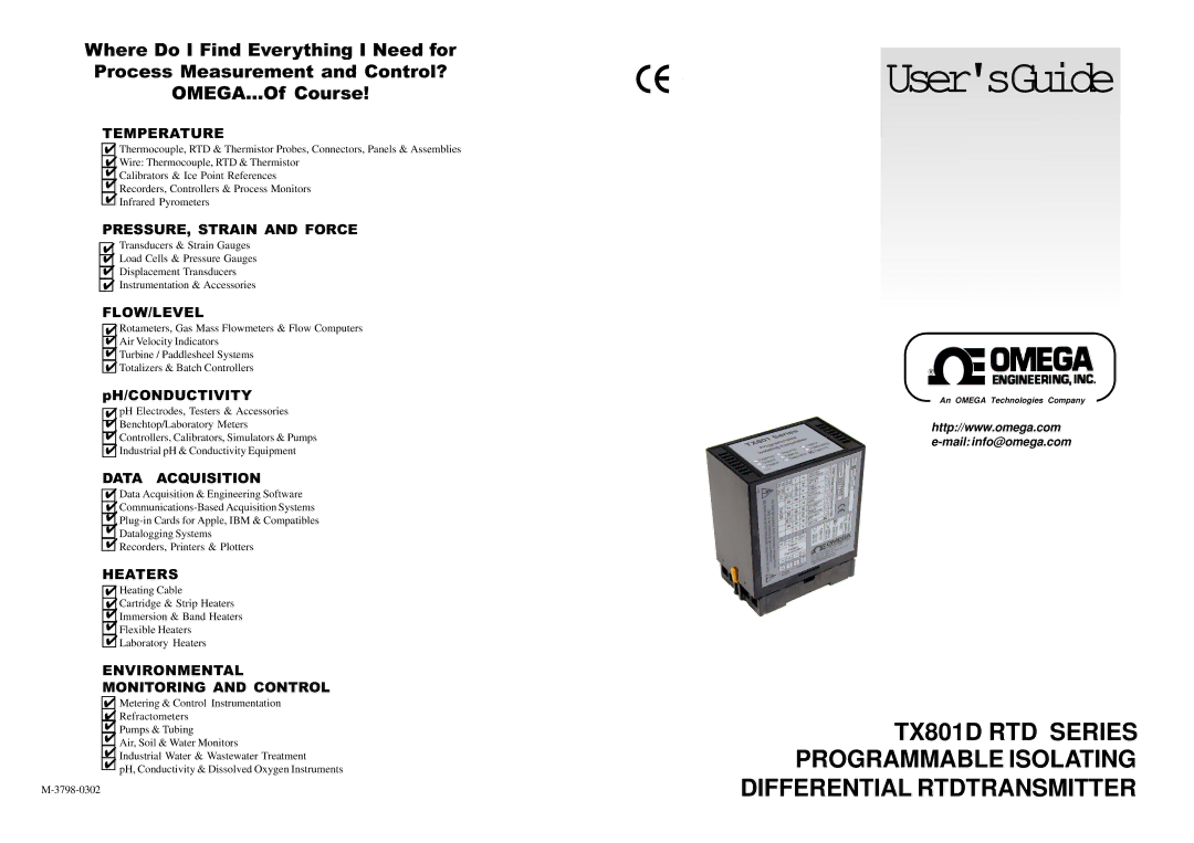 Omega Engineering TX801D RTD manual Temperature, Ph/Conductivity 