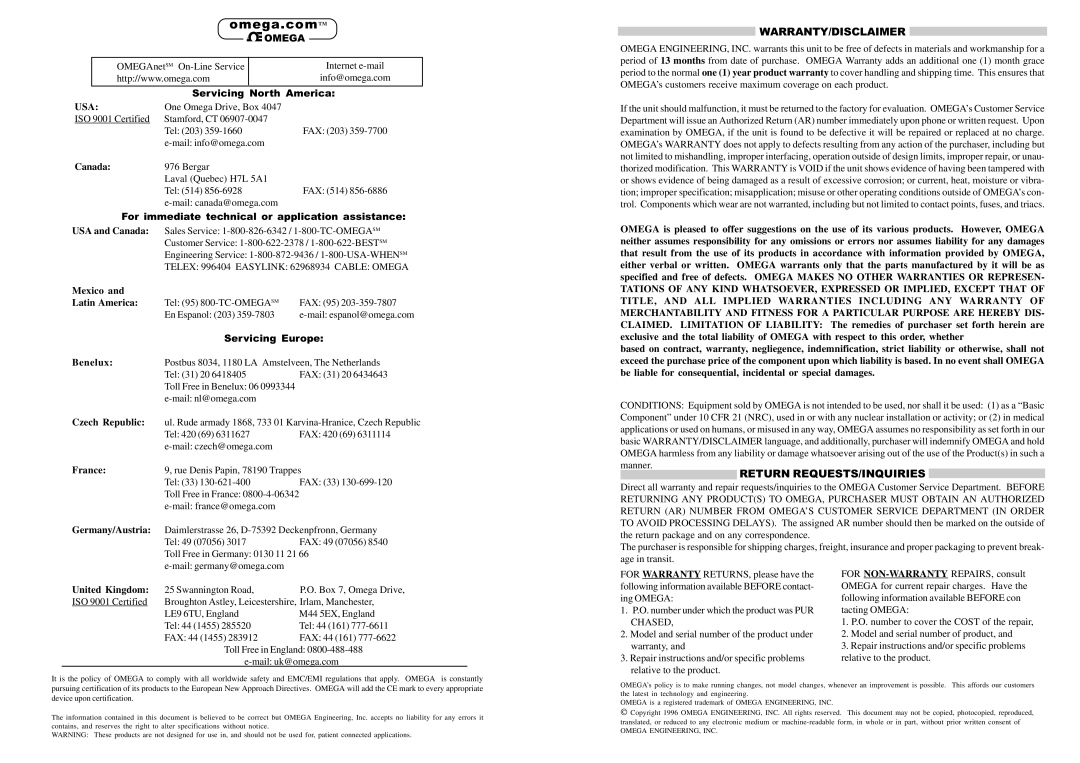 Omega Engineering TX801D RTD manual Omega.comTM, Usa 