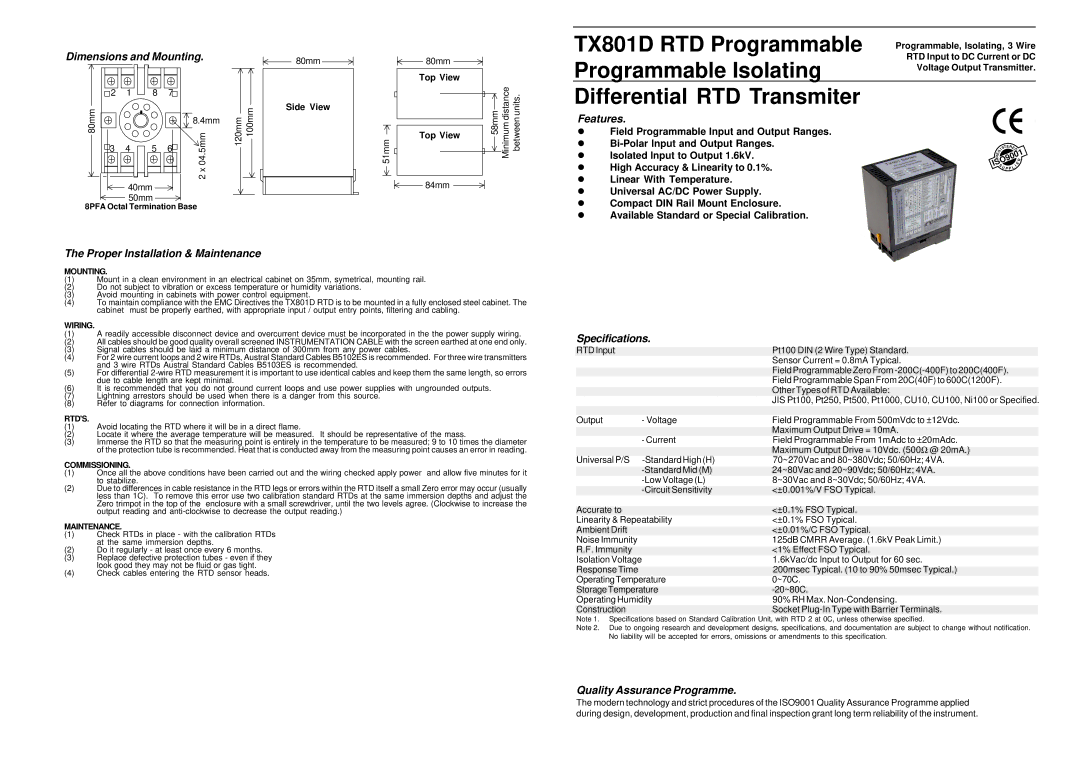 Omega Engineering TX801D RTD manual Dimensions and Mounting, Features, Proper Installation & Maintenance, Specifications 