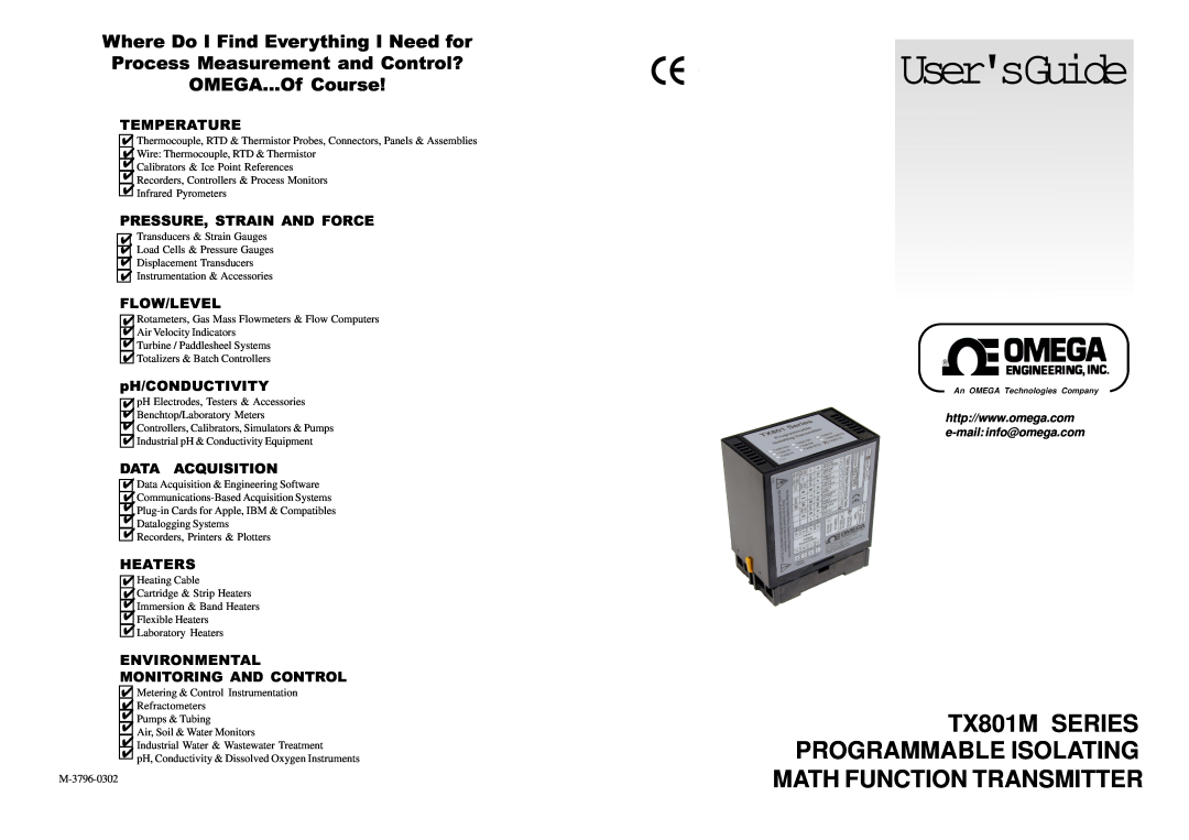 Omega Engineering TX801M manual Temperature, Pressure, Strain And Force, Flow/Level, pH/CONDUCTIVITY, Data Acquisition 