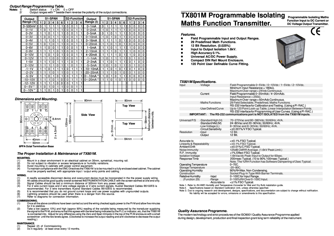 Omega Engineering Output Range Programming Table, Features, TX801M Specifications, Dimensions and Mounting, S1-SPAN 