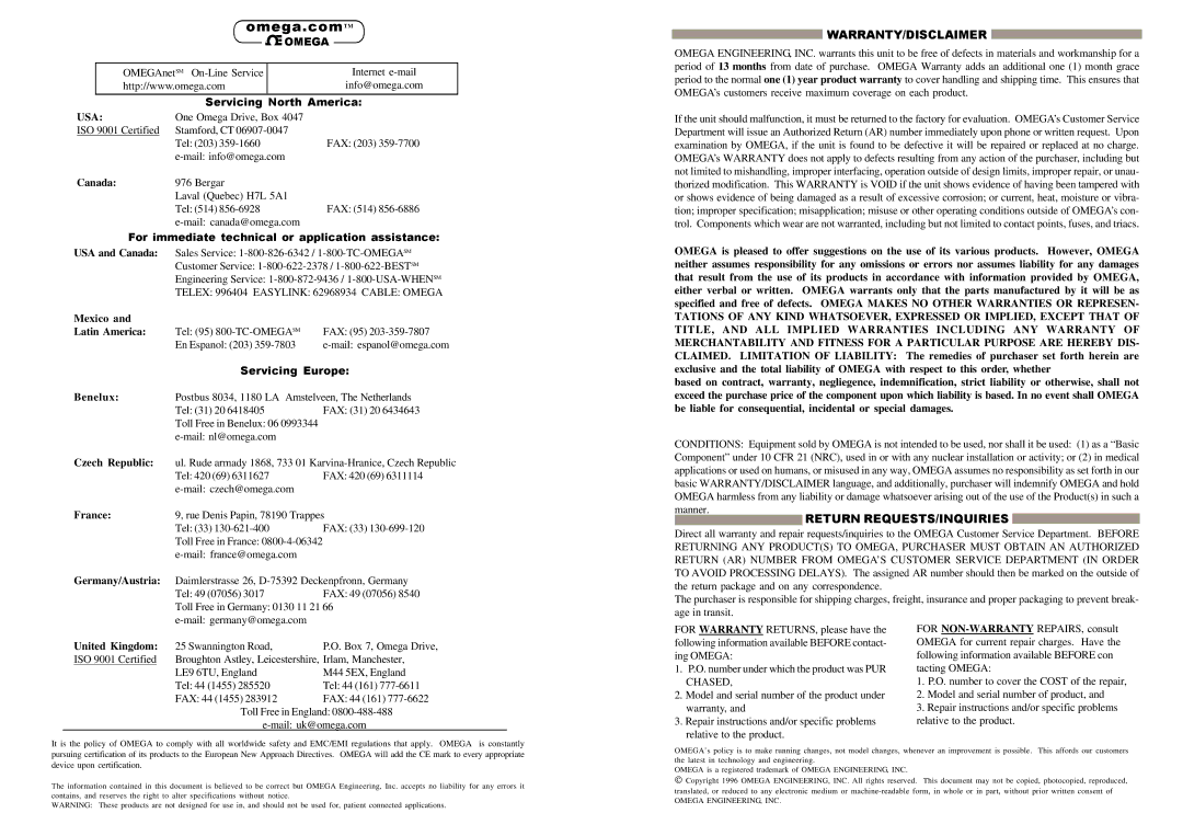 Omega Engineering TX802RTDF manual Omega.comTM 