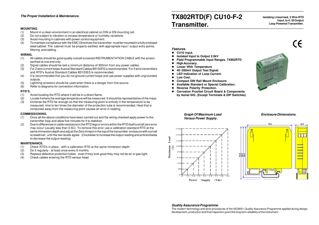 Omega Engineering TX802RTDF manual Proper Installation & Maintenance, Features, Graph Of Maximum Load Versus Power Supply 