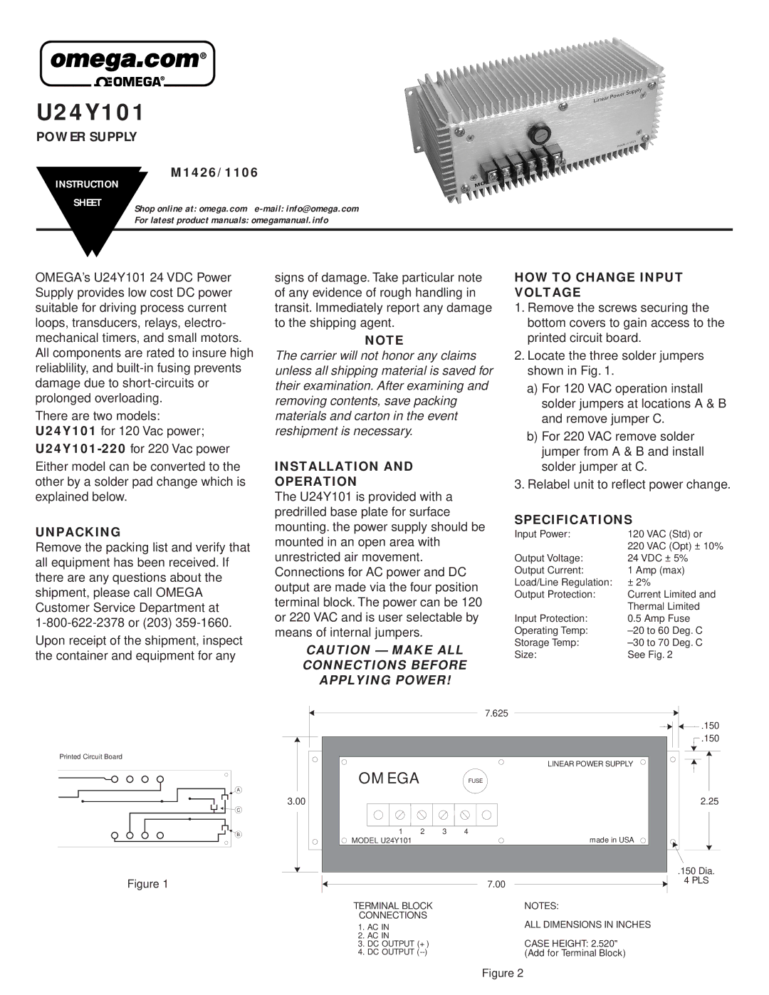 Omega Engineering U24Y101 instruction sheet M1426/1106, Unpacking, Installation Operation, HOW to Change Input Voltage 