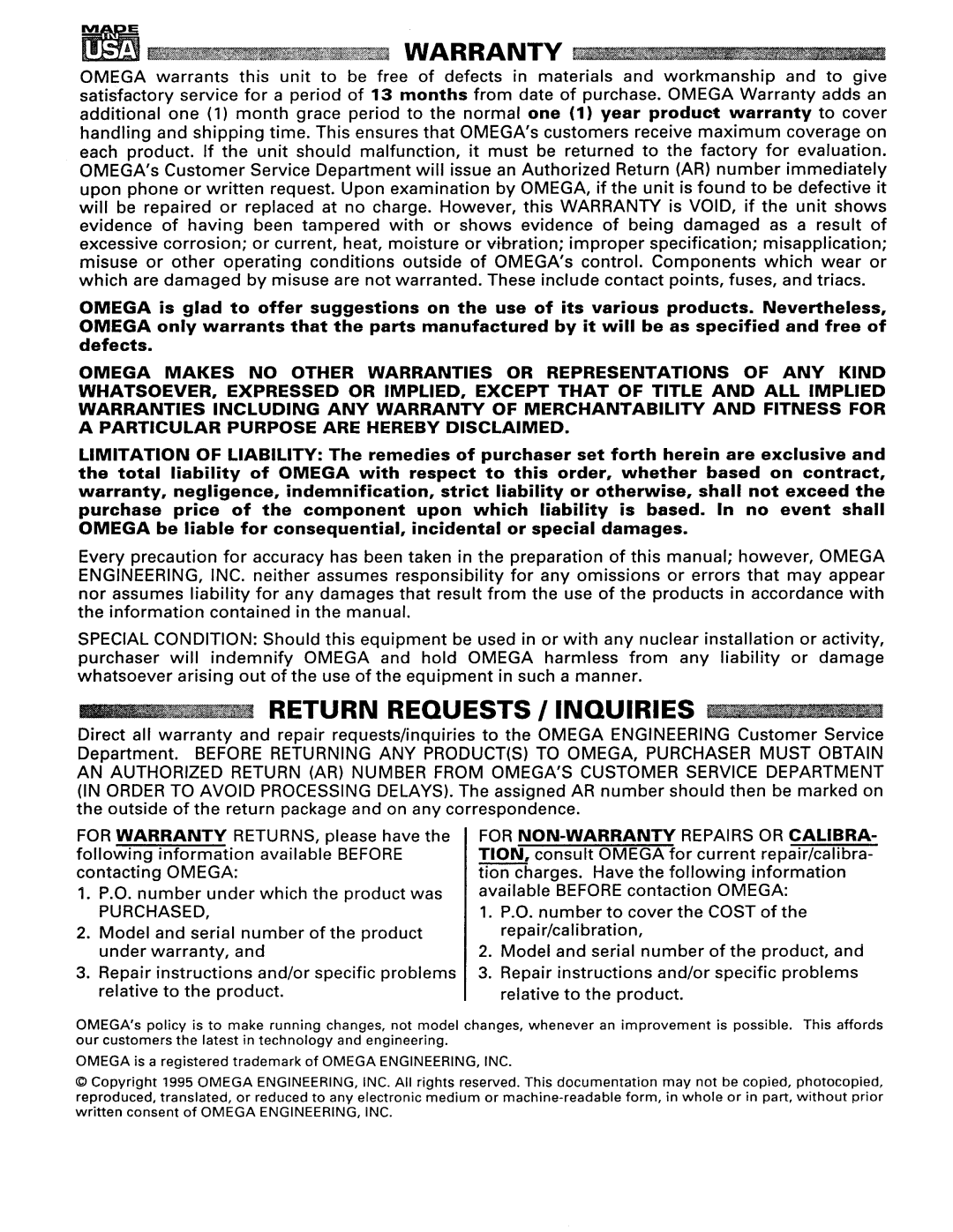 Omega Engineering WMS-22A manual Return Requests / Inquiries 