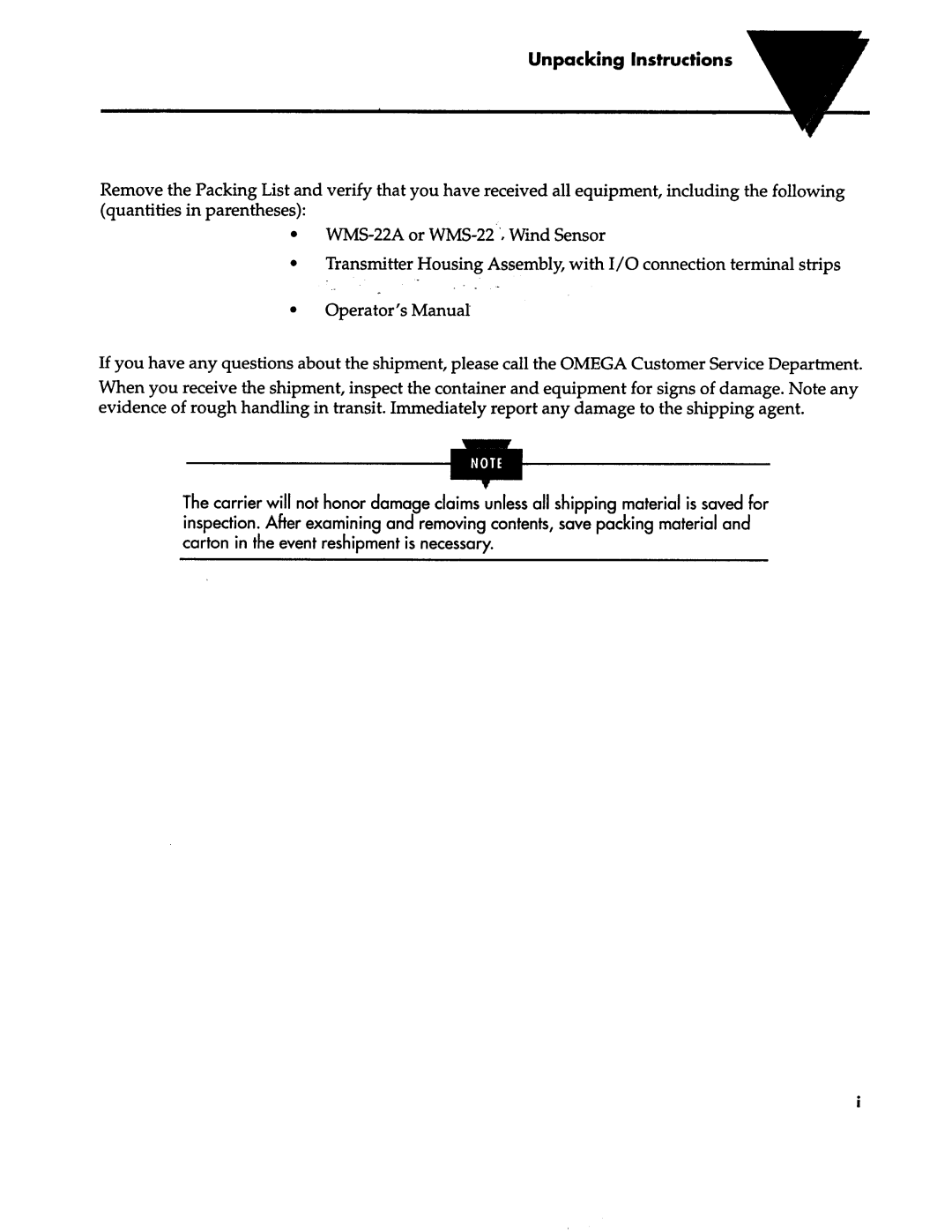 Omega Engineering WMS-22A manual Unpacking Instructions 