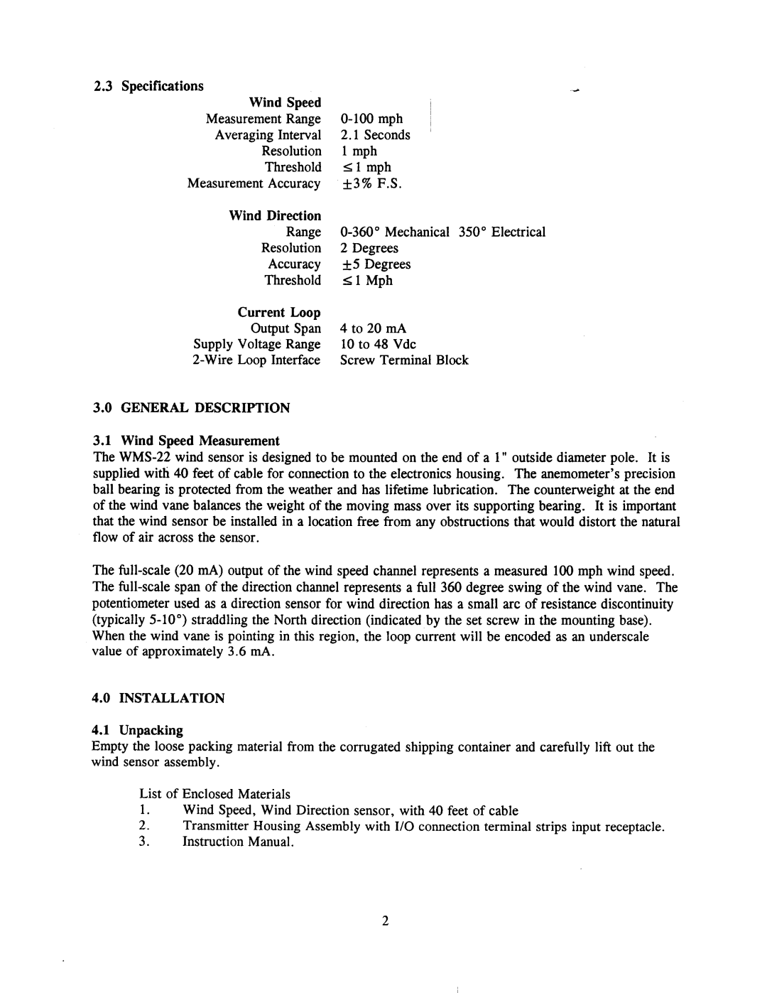 Omega Engineering WMS-22A manual General Description, Installation 