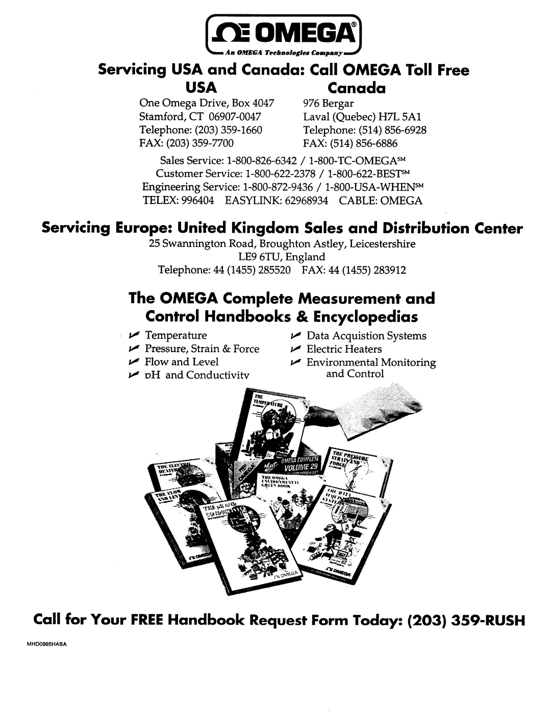 Omega Engineering WMS-22A manual Servicing USA and Canada Call OMEGA Toll Free, The OMEGA Complete Measurement and 