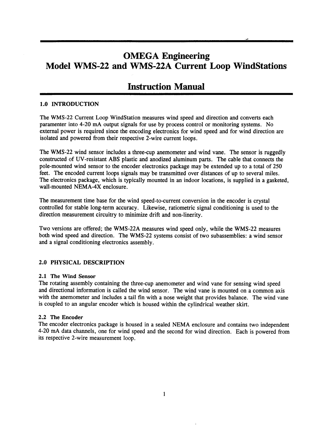 Omega Engineering manual OMEGA Engineering, Model WMS-22and WMS-22ACurrent Loop WindStations, Introduction, The Encoder 