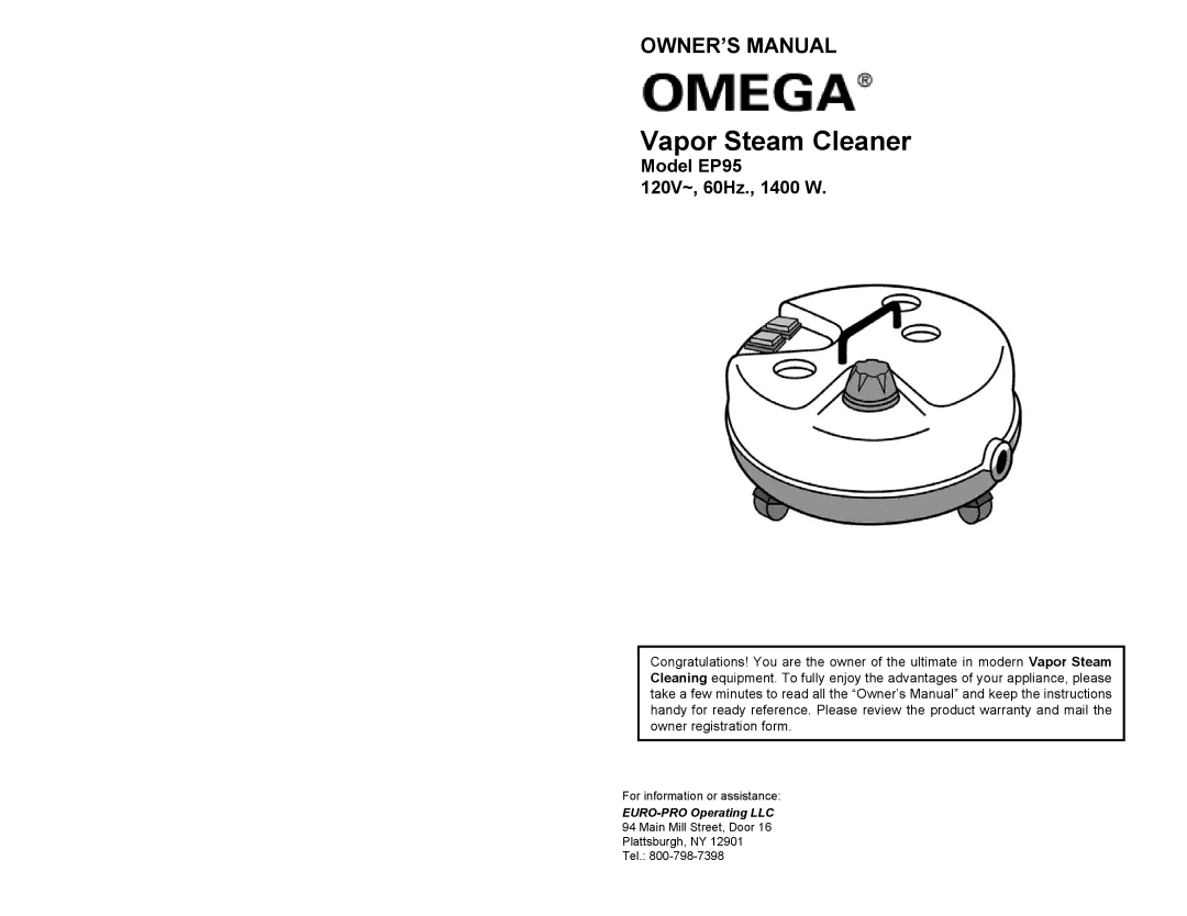 Omega owner manual Vapor Steam Cleaner, Model EP95 120V~, 60Hz., 1400 W 