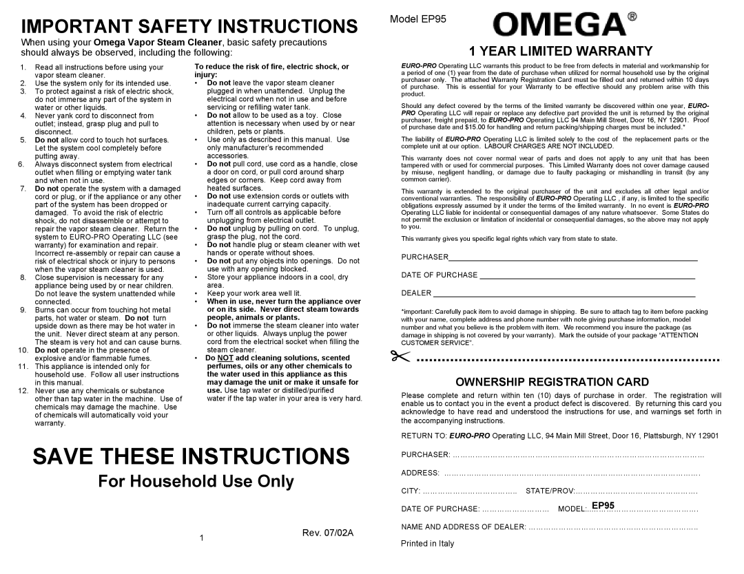 Omega EP95 owner manual For Household Use Only, Ownership Registration Card 