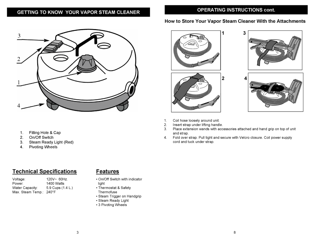 Omega EP95 owner manual Technical Specifications Features, Getting to Know Your Vapor Steam Cleaner, Operating Instructions 