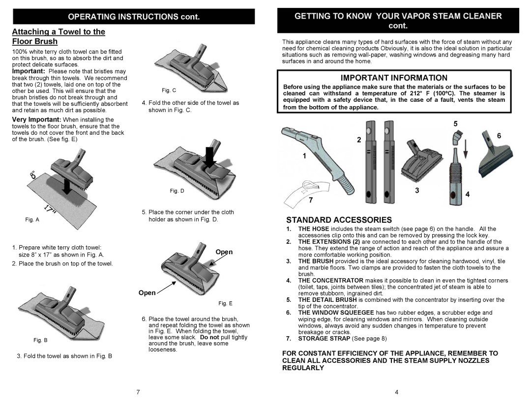 Omega EP95 owner manual Attaching a Towel to the Floor Brush, Cont, Important Information, Standard Accessories, Open 