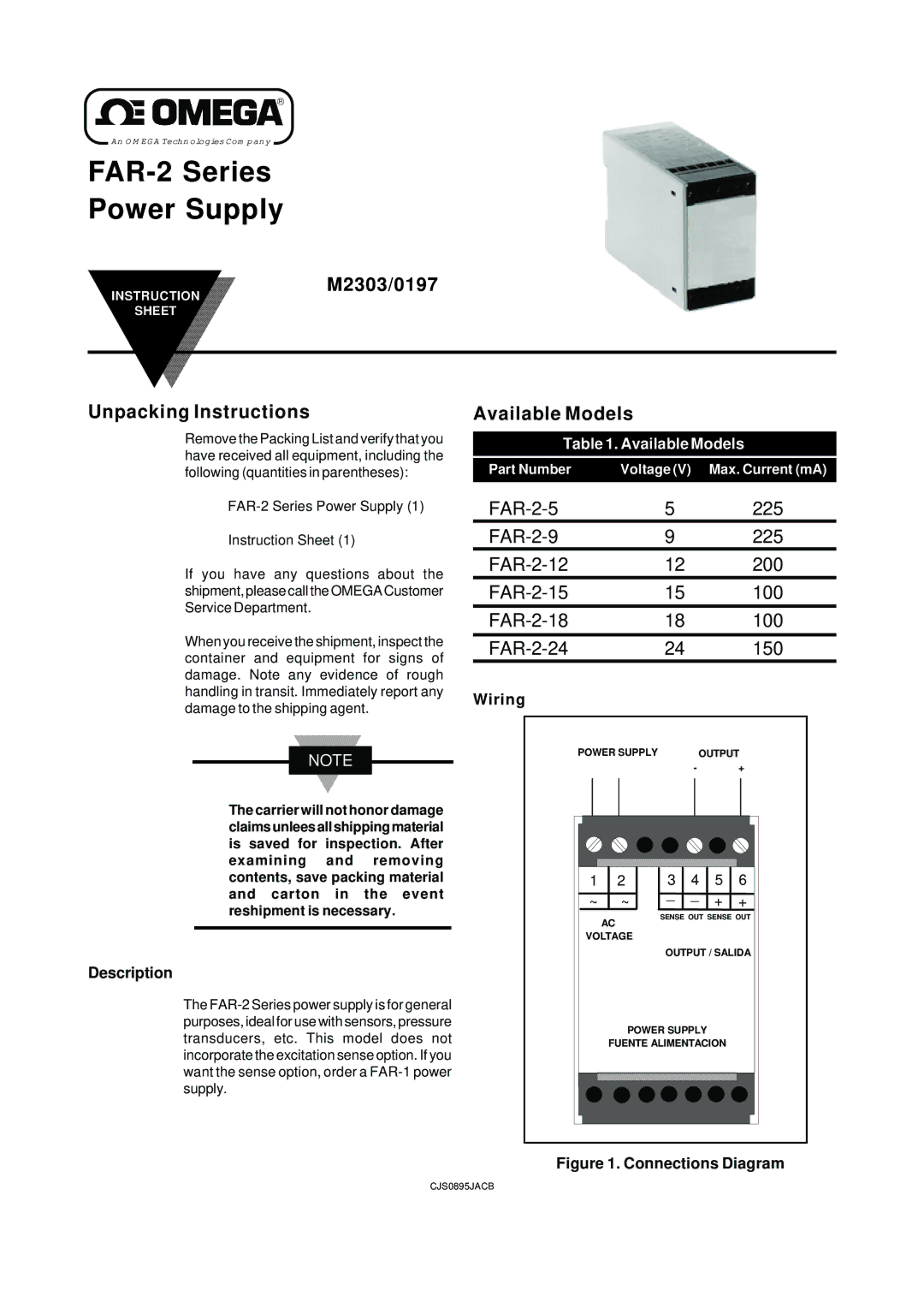 Omega FAR-2 instruction sheet M2303/0197 Unpacking Instructions, Available Models, Wiring, Description 