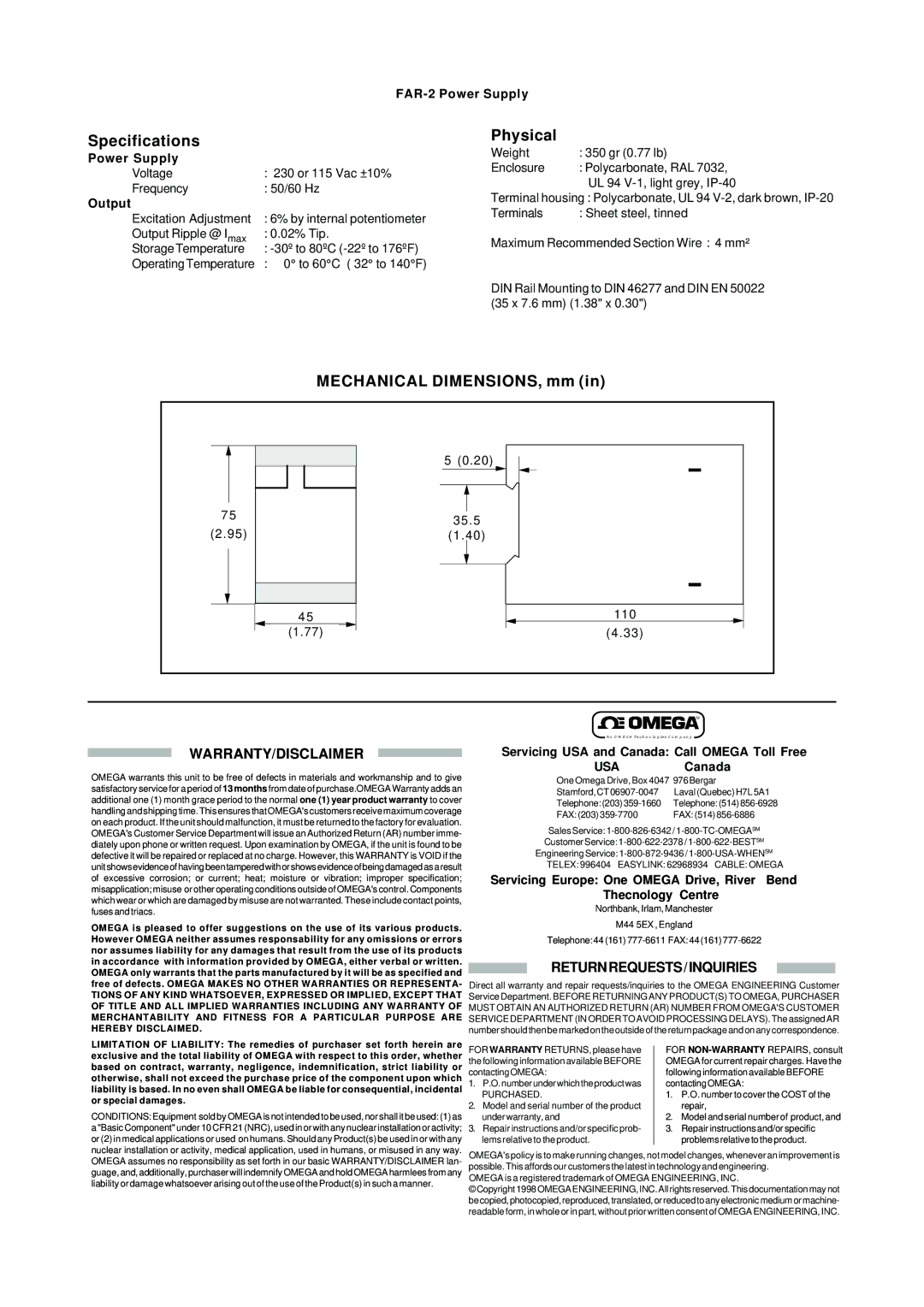 Omega FAR-2 Specifications, Physical, Mechanical DIMENSIONS, mm, Warranty/Disclaimer, Returnrequests/Inquiries 