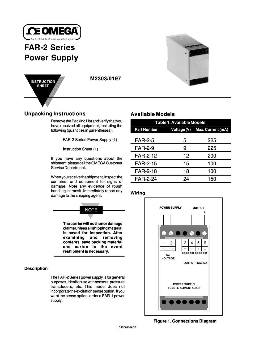 Omega instruction sheet FAR-2 Series Power Supply, M2303/0197, Unpacking Instructions, Available Models 
