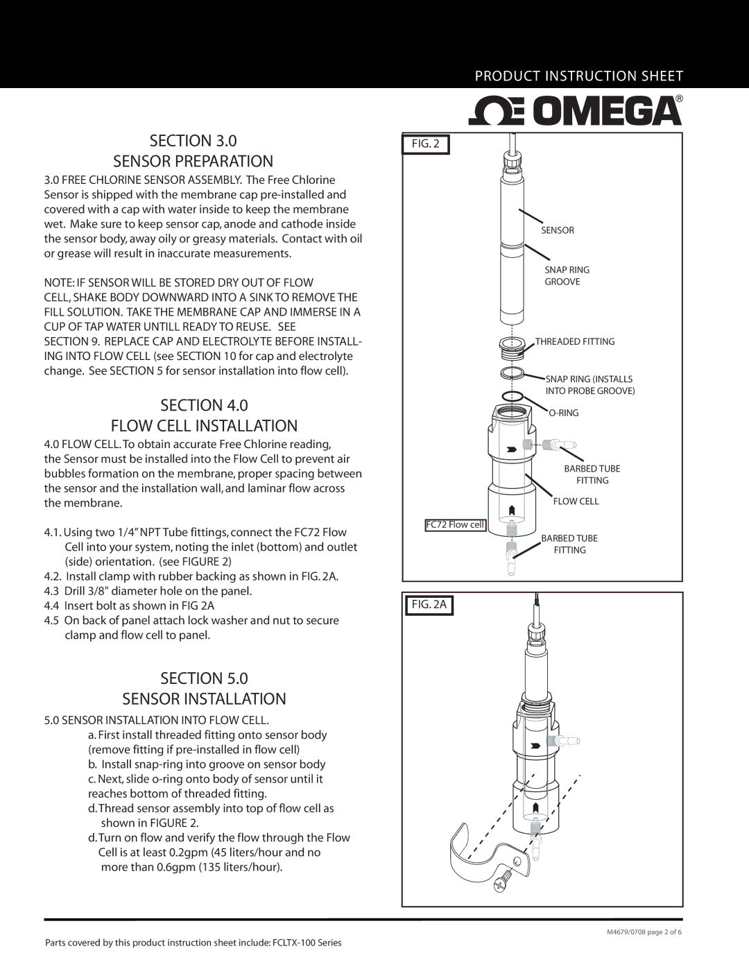 Omega FCLTX-100 instruction sheet Section Sensor Preparation, Section Flow Cell Installation, Section Sensor Installation 