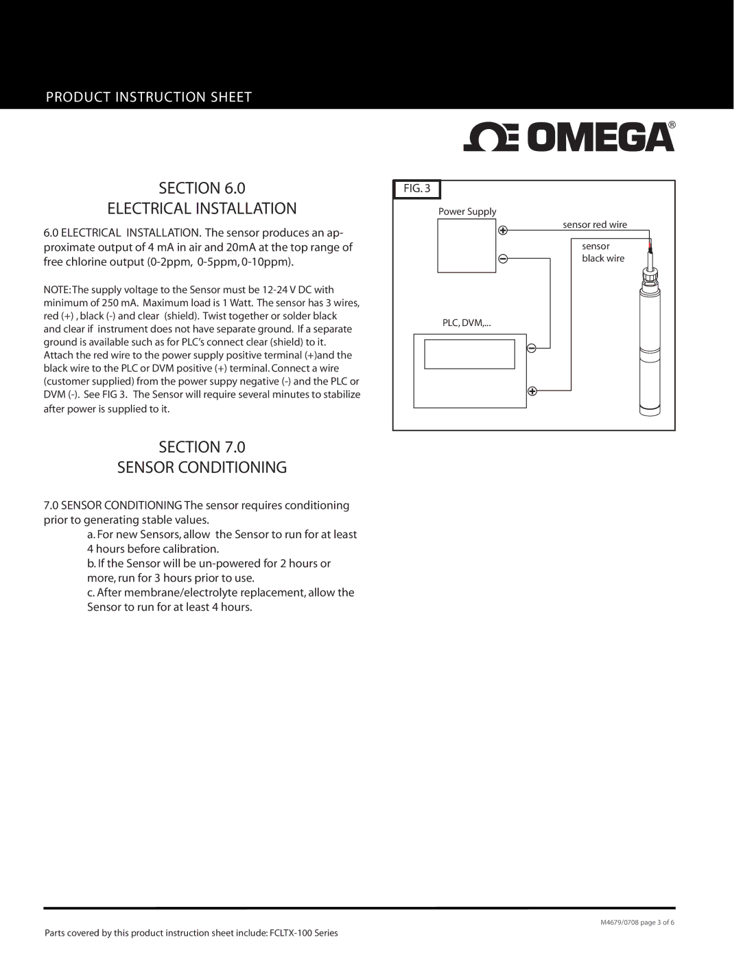 Omega FCLTX-100 instruction sheet Section Electrical Installation, Section Sensor Conditioning 