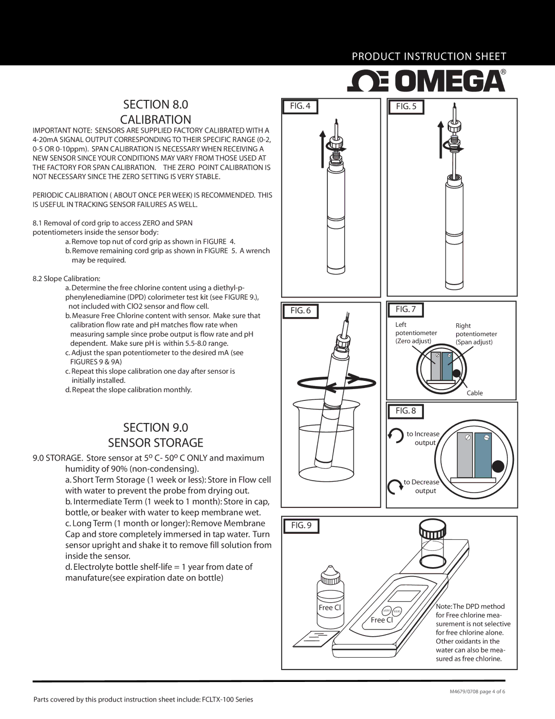 Omega FCLTX-100 instruction sheet Section Calibration, Section Sensor Storage 