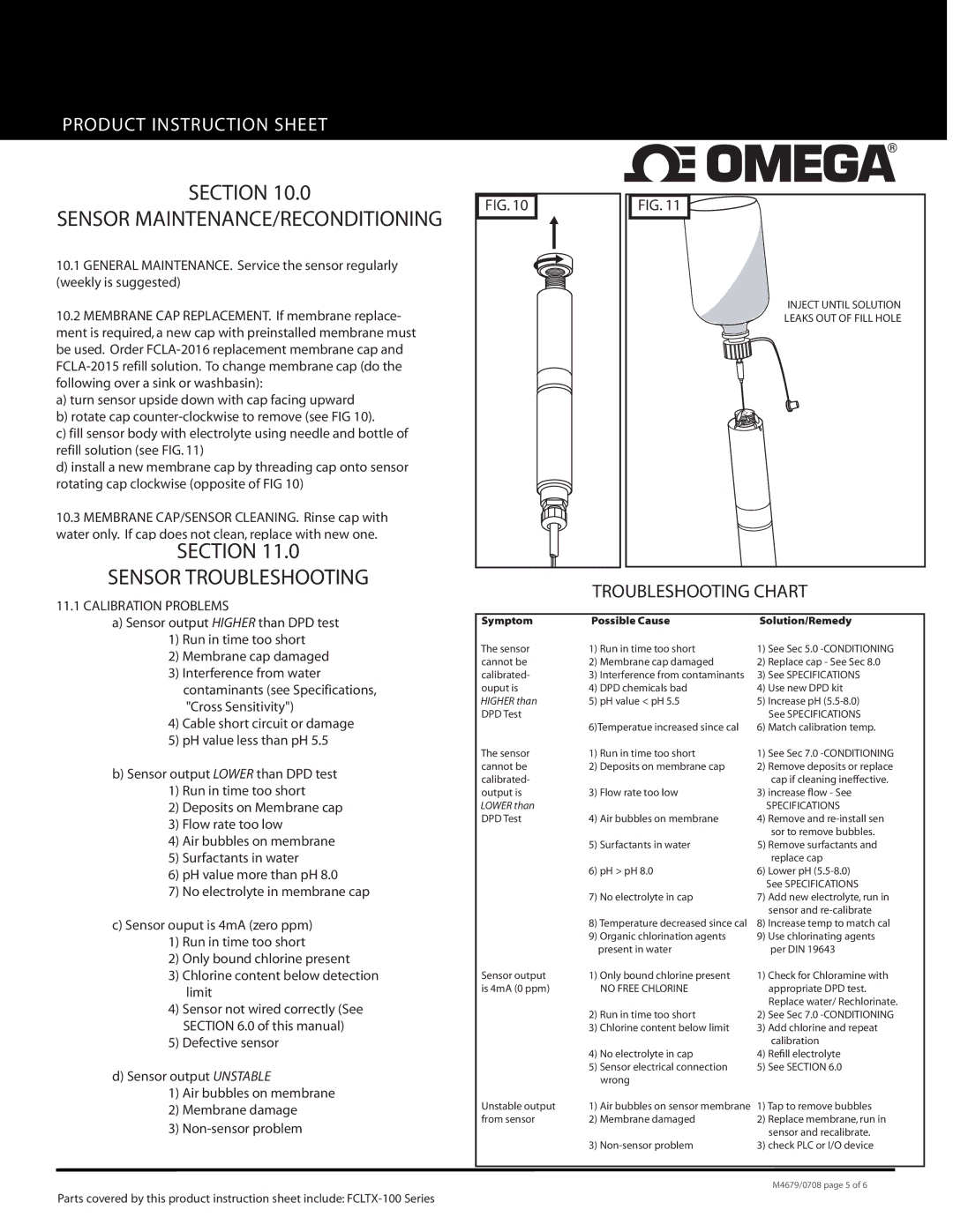 Omega FCLTX-100 instruction sheet Section Sensor Troubleshooting, Troubleshooting Chart 