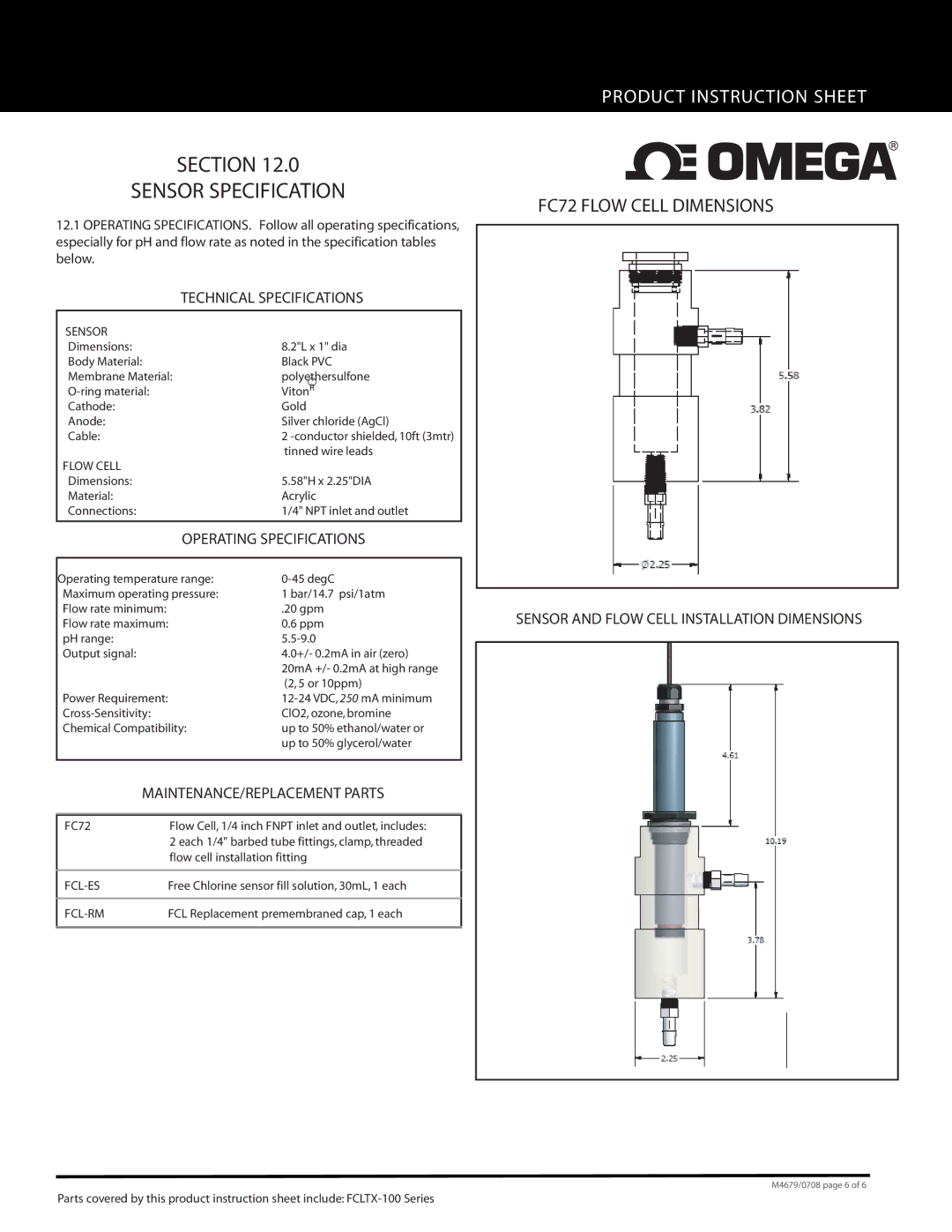 Omega FCLTX-100 instruction sheet Section Sensor Specification, FC72 Flow Cell Dimensions, Technical Specifications 