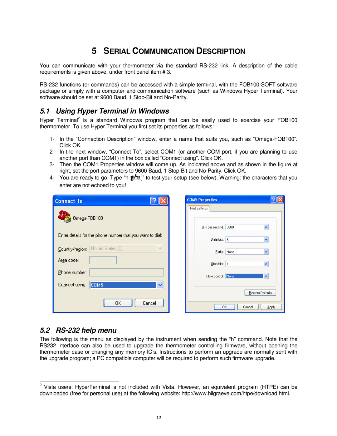 Omega FOB100 manual Serial Communication Description, Using Hyper Terminal in Windows, RS-232 help menu 