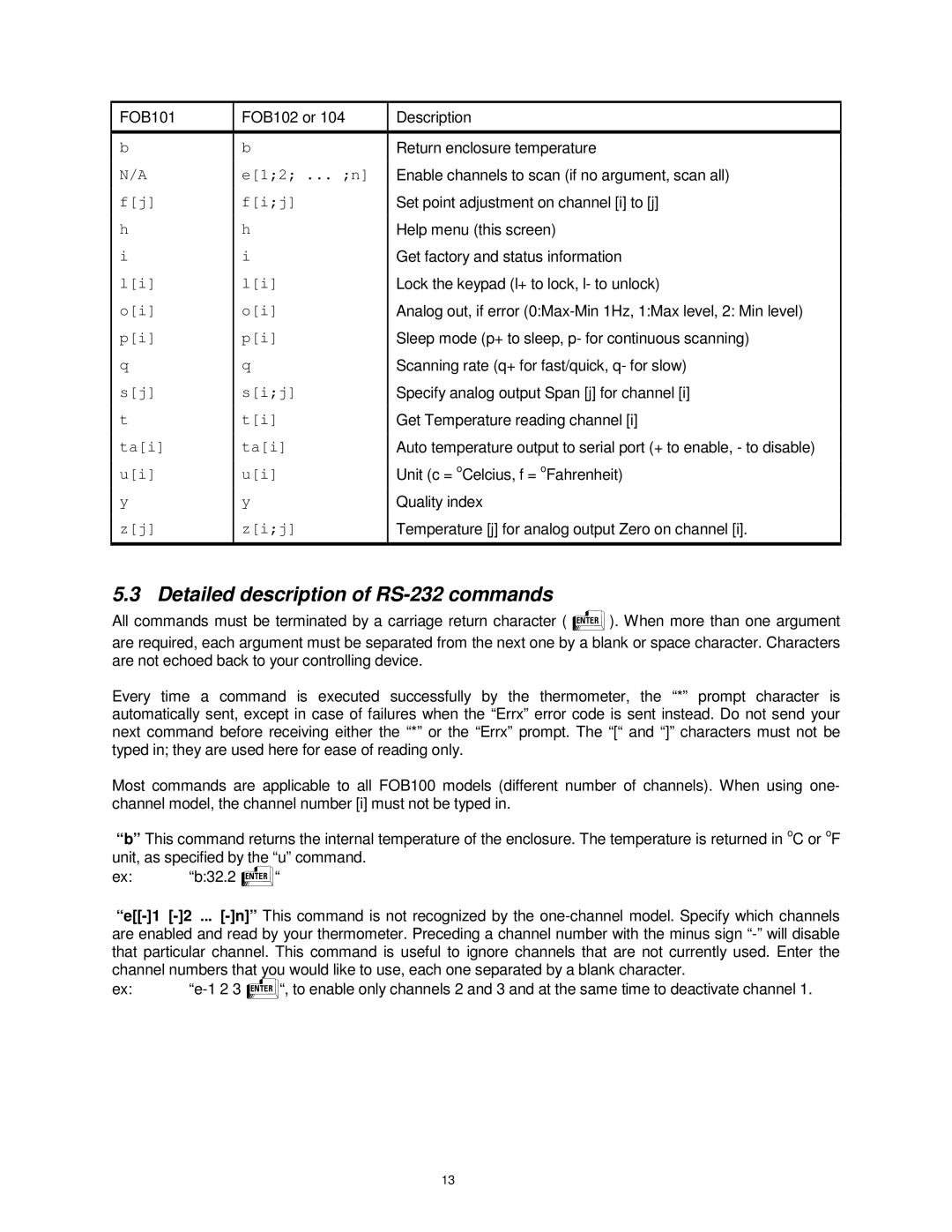 Omega FOB100 manual Detailed description of RS-232 commands 