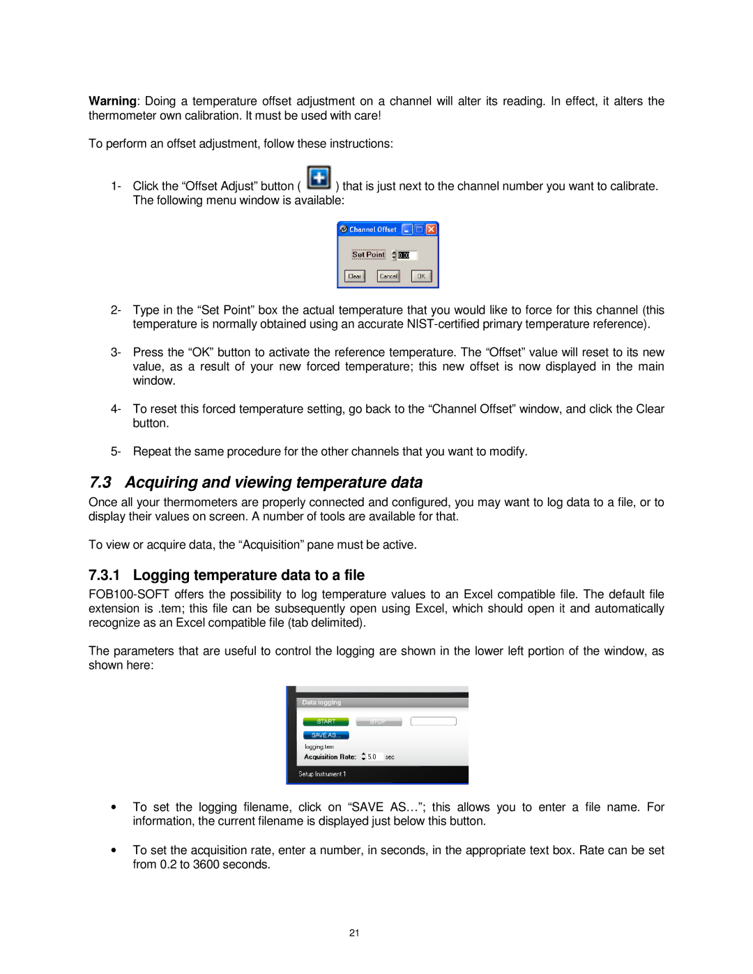 Omega FOB100 manual Acquiring and viewing temperature data, Logging temperature data to a file 