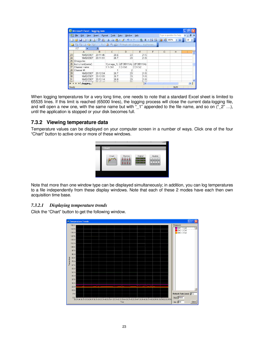 Omega FOB100 manual Viewing temperature data, Displaying temperature trends 