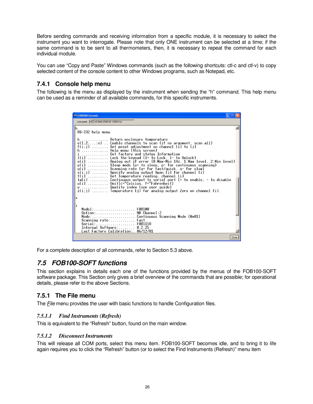 Omega manual FOB100-SOFT functions, Console help menu, File menu, Find Instruments Refresh, Disconnect Instruments 