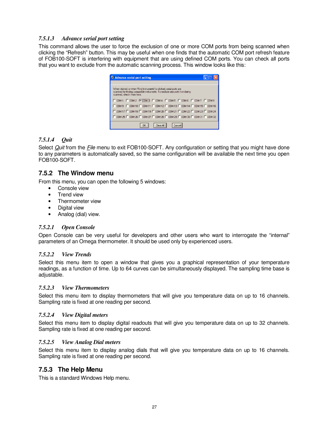 Omega FOB100 manual Window menu, Help Menu 