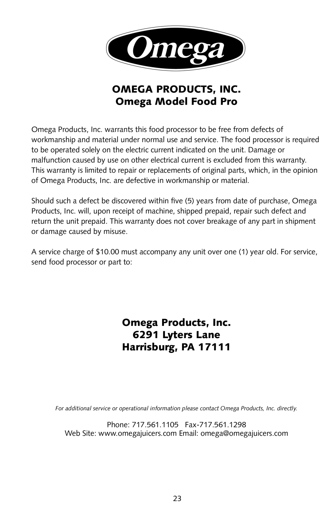 Omega FoodPro instruction manual Omega PRODUCTS, INC, Omega Model Food Pro 