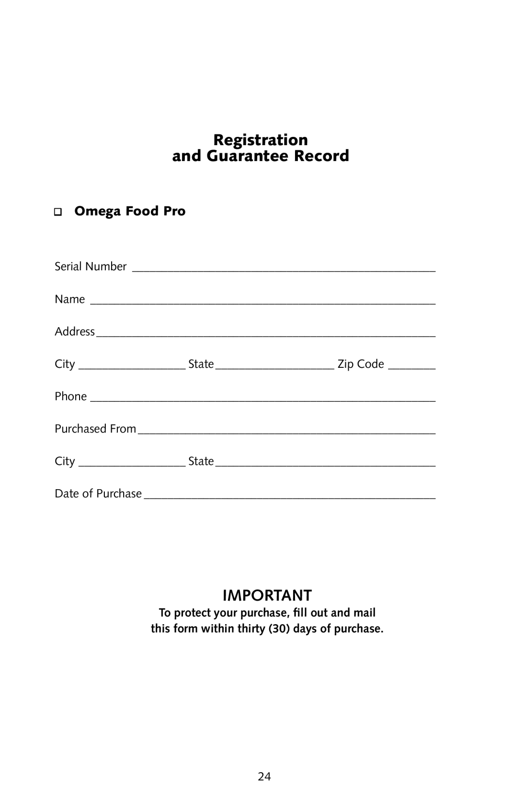 Omega FoodPro instruction manual Registration Guarantee Record, Omega Food Pro 