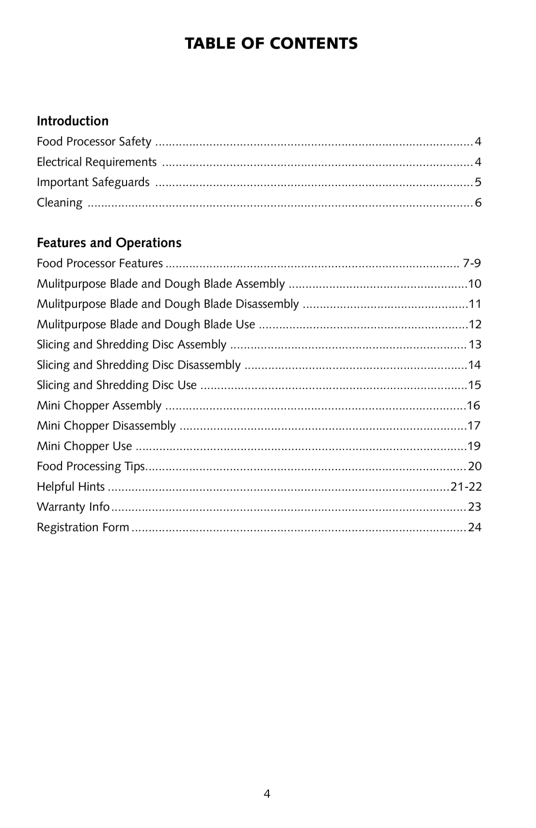 Omega FoodPro instruction manual Table of Contents 