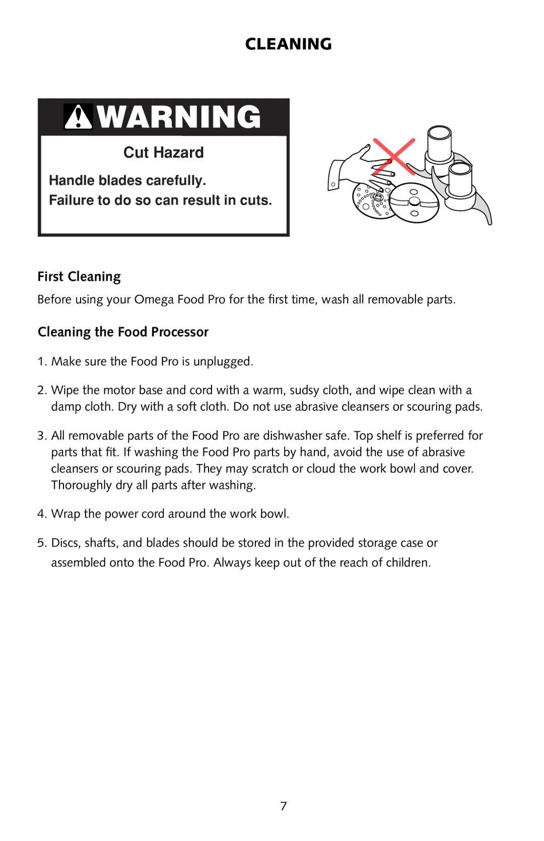 Omega FoodPro instruction manual First Cleaning, Cleaning the Food Processor 