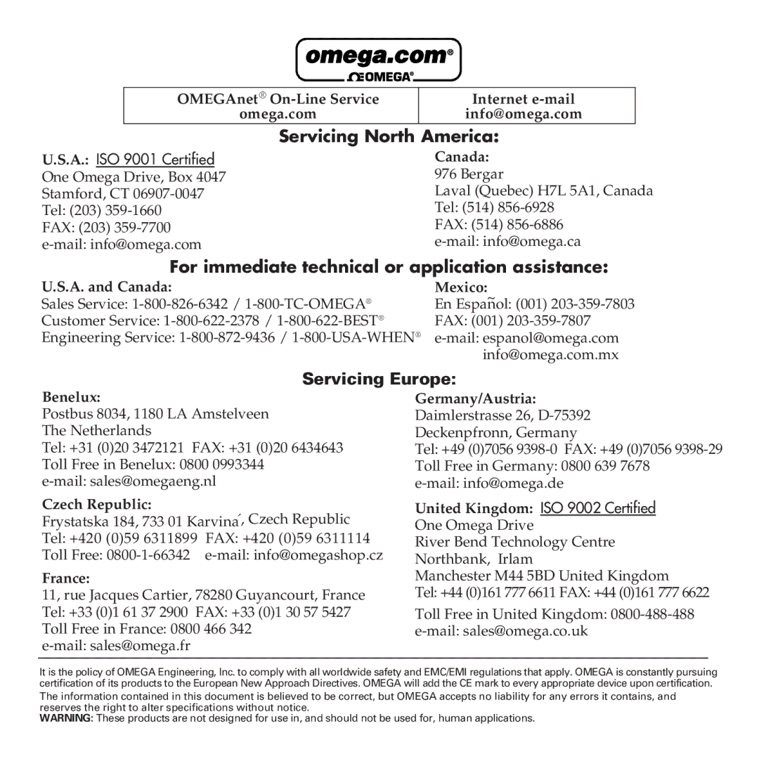 Omega FTB600B manual Servicing North America 