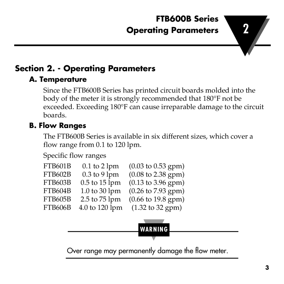 Omega manual Operating Parameters, A. Temperature, B. Flow Ranges, FTB600B Series 