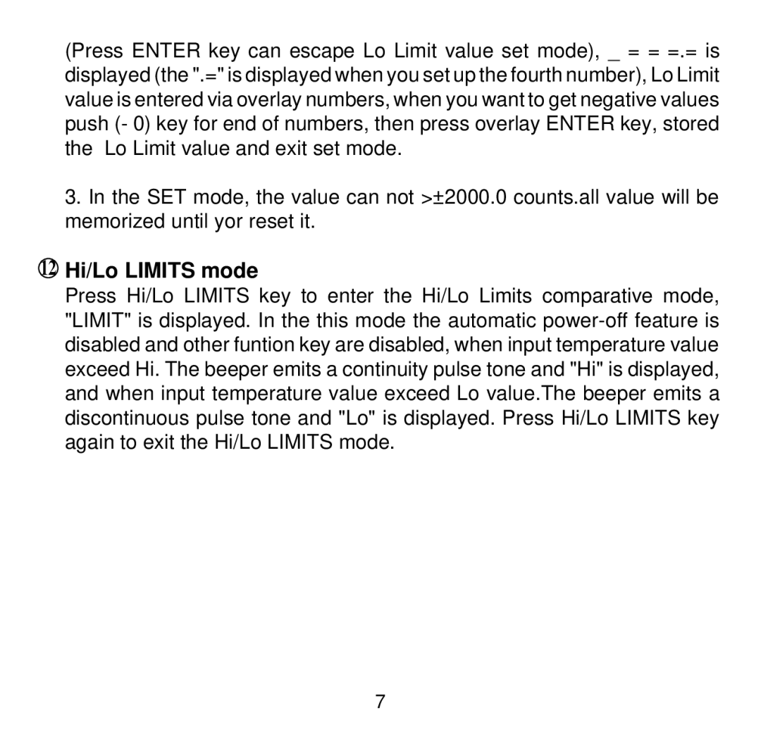 Omega HH501AK manual 12 Hi/Lo Limits mode 