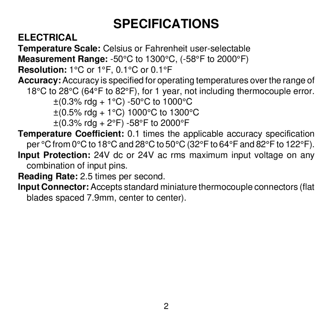 Omega HH501DK manual Specifications, Electrical 