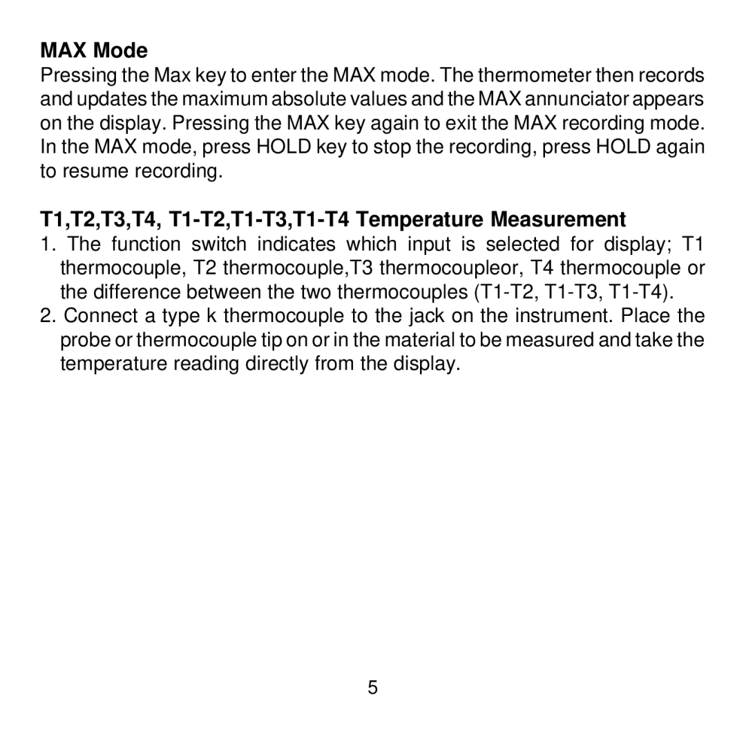 Omega HH501DK manual MAX Mode, T1,T2,T3,T4, T1-T2,T1-T3,T1-T4 Temperature Measurement 